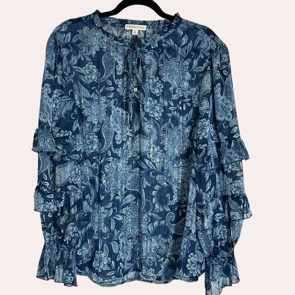 FRYE AND CO. Tops - Frye and Co Floral Print Ruffle Sheer Metallic Thread Boho Pheasant Blouse (XL)